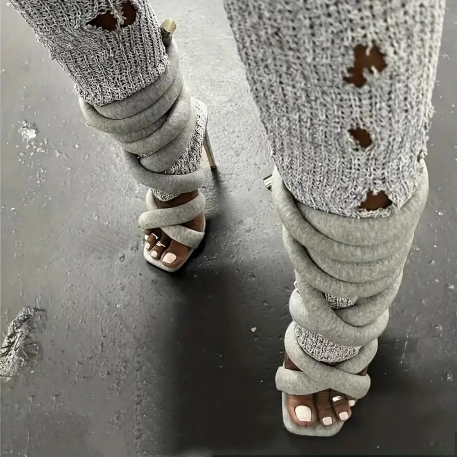 Womens Spiral Wrap Around Strap Lace Up High Heel Sandals – 4.13 Inch Grey Soft Knotted Strappy Stilettos Open Toe Heels