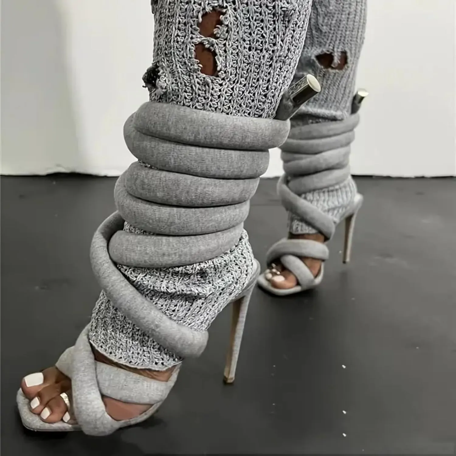 Womens Spiral Wrap Around Strap Lace Up High Heel Sandals – 4.13 Inch Grey Soft Knotted Strappy Stilettos Open Toe Heels
