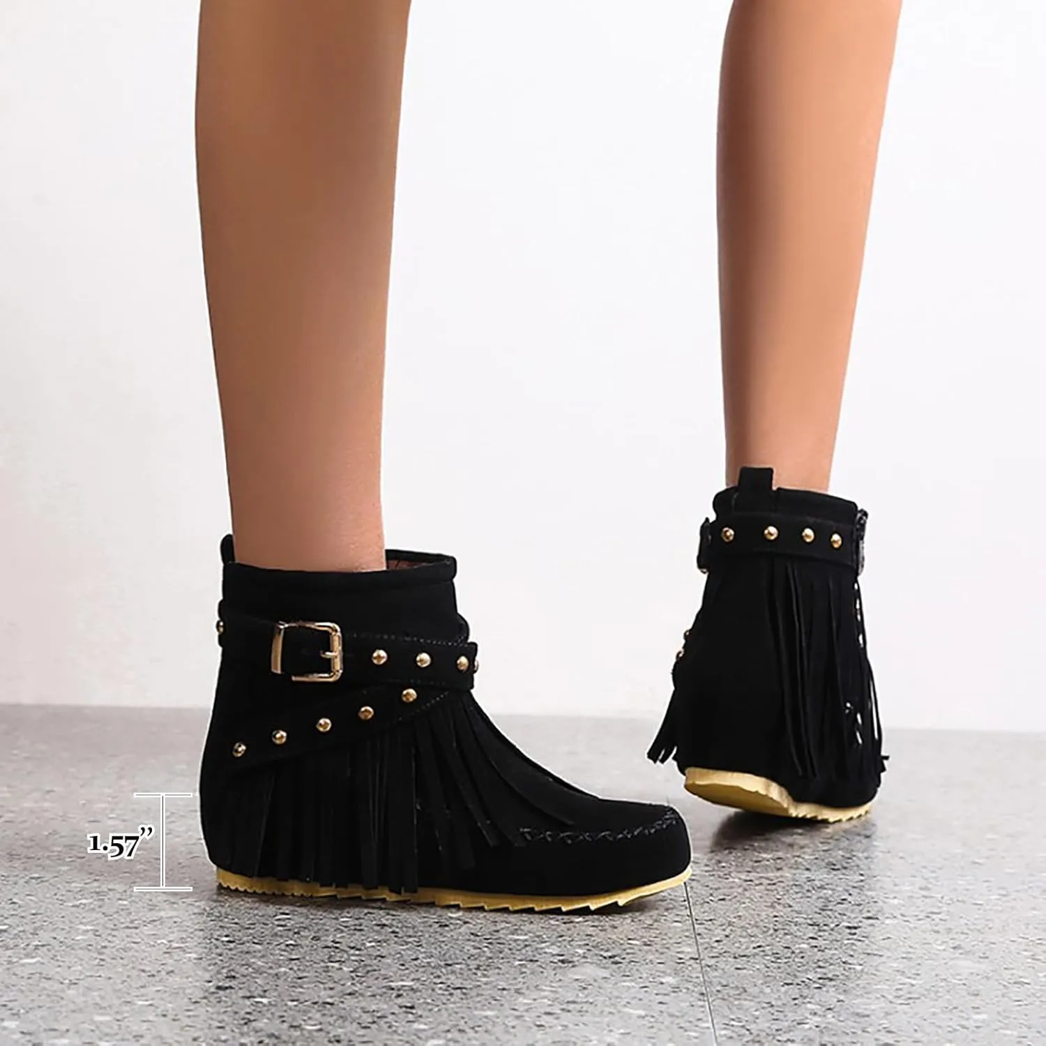 Women'S Suede Tassel Booties,Flat Moccasin Boots,Winter Warm Hidden Inner Heightening Fashion Western Outdoor Short Boots With Side Zipper