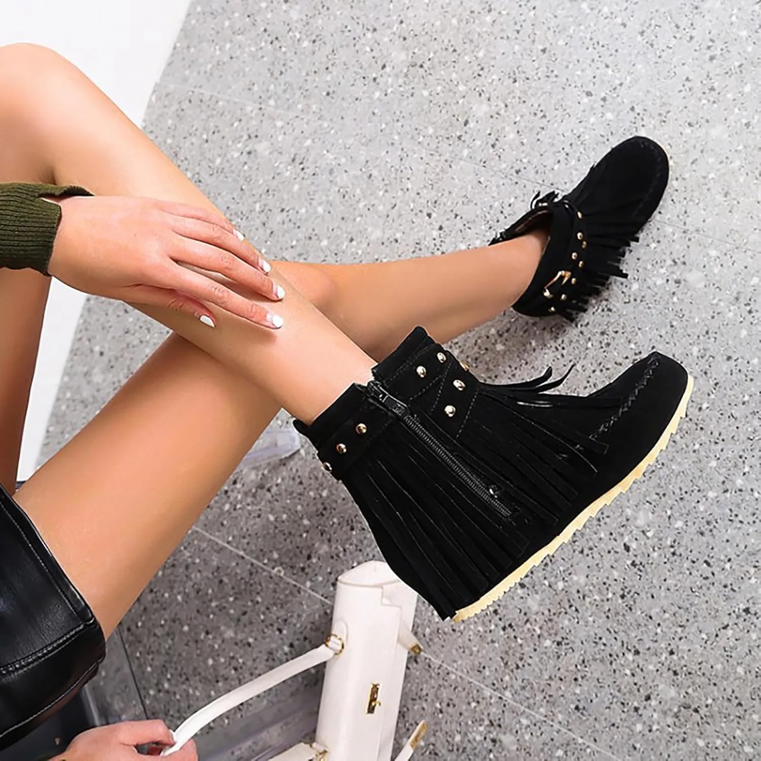 Women'S Suede Tassel Booties,Flat Moccasin Boots,Winter Warm Hidden Inner Heightening Fashion Western Outdoor Short Boots With Side Zipper