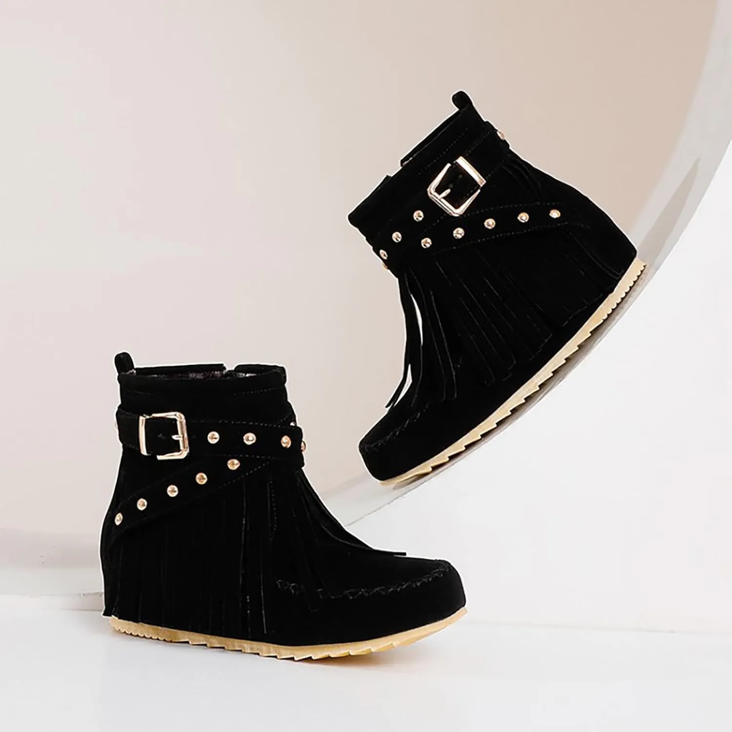 Women'S Suede Tassel Booties,Flat Moccasin Boots,Winter Warm Hidden Inner Heightening Fashion Western Outdoor Short Boots With Side Zipper