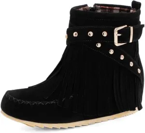 Women'S Suede Tassel Booties,Flat Moccasin Boots,Winter Warm Hidden Inner Heightening Fashion Western Outdoor Short Boots With Side Zipper
