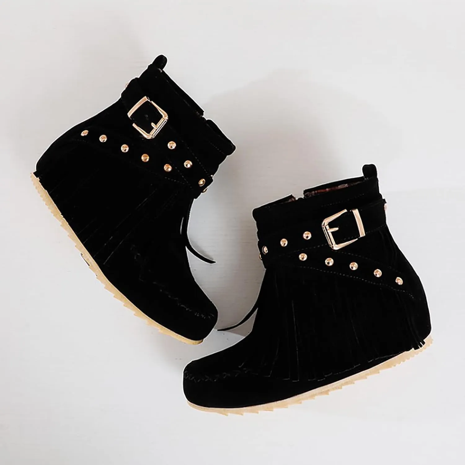 Women'S Suede Tassel Booties,Flat Moccasin Boots,Winter Warm Hidden Inner Heightening Fashion Western Outdoor Short Boots With Side Zipper