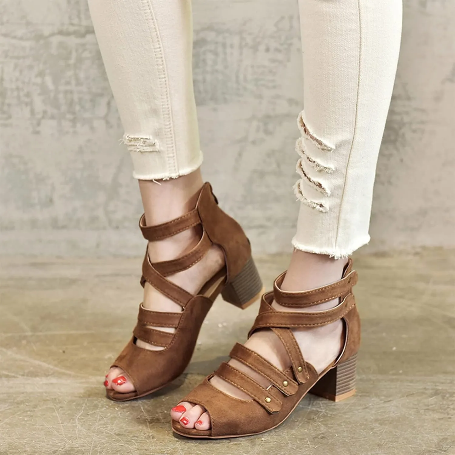 Women's Summer Hollow Shoes High Heels Side Zip Bow Fish Mouth Casual Sandals