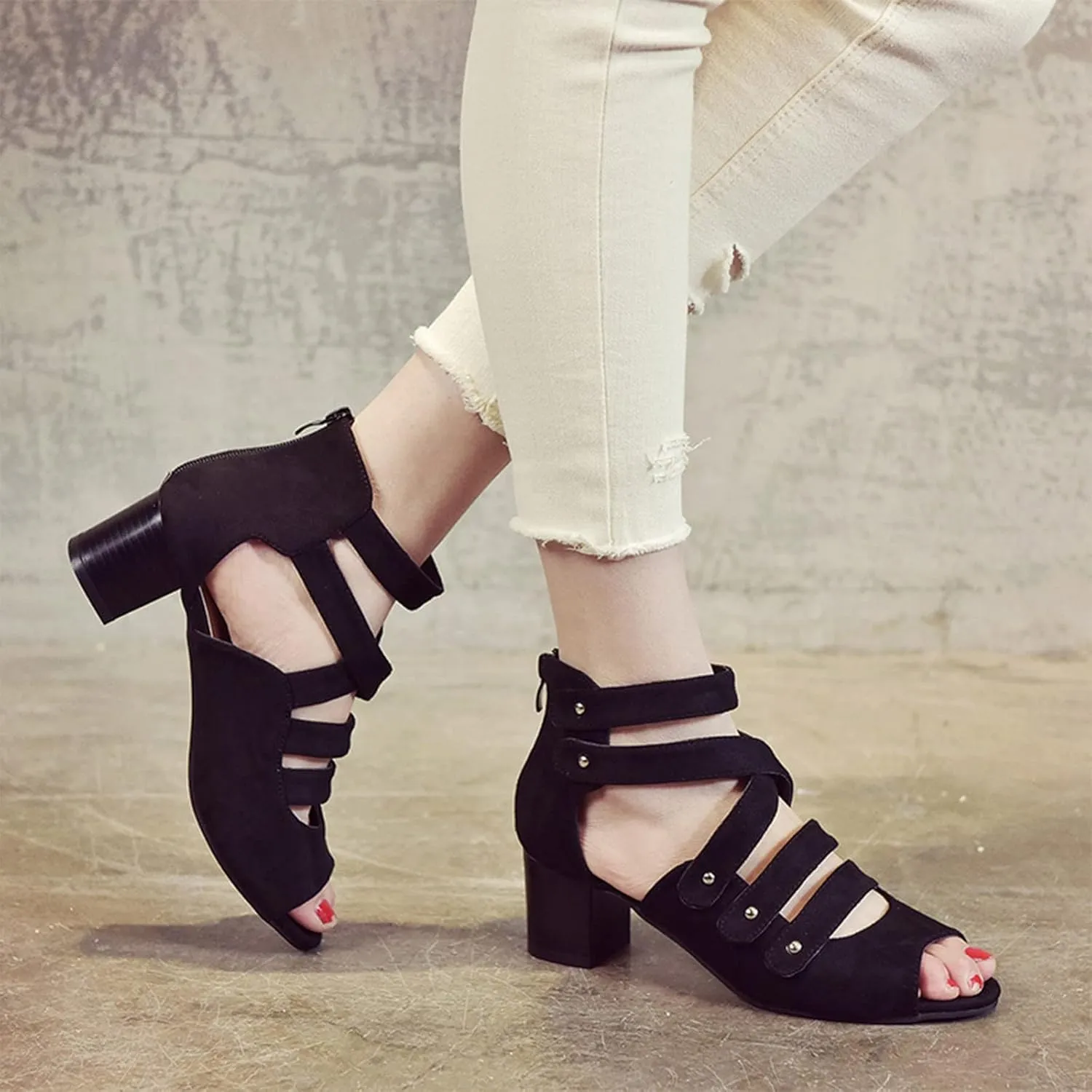 Women's Summer Hollow Shoes High Heels Side Zip Bow Fish Mouth Casual Sandals