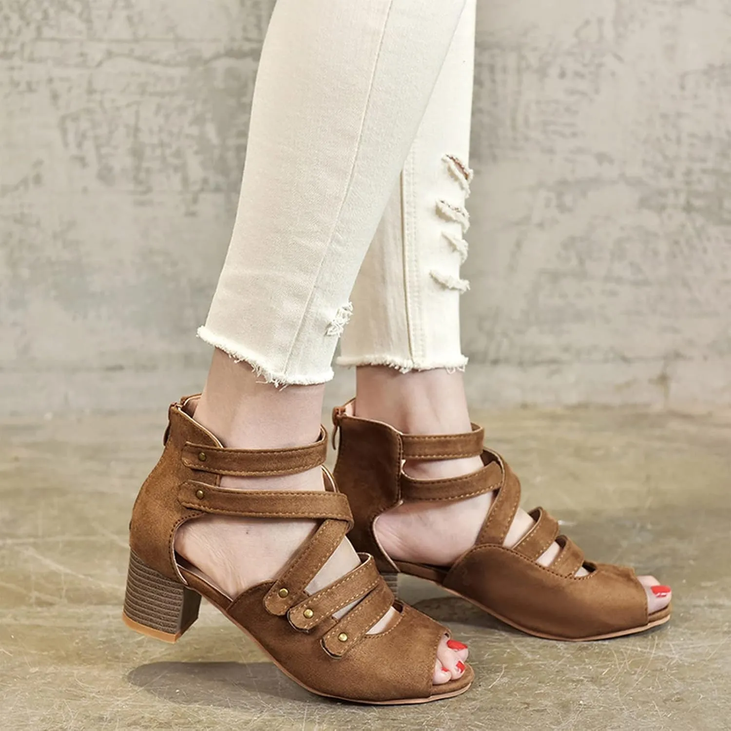 Women's Summer Hollow Shoes High Heels Side Zip Bow Fish Mouth Casual Sandals