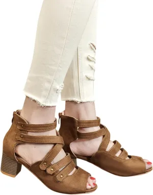 Women's Summer Hollow Shoes High Heels Side Zip Bow Fish Mouth Casual Sandals