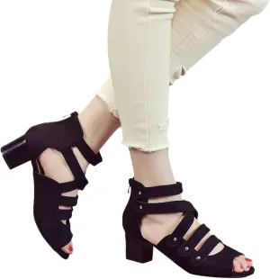 Women's Summer Hollow Shoes High Heels Side Zip Bow Fish Mouth Casual Sandals