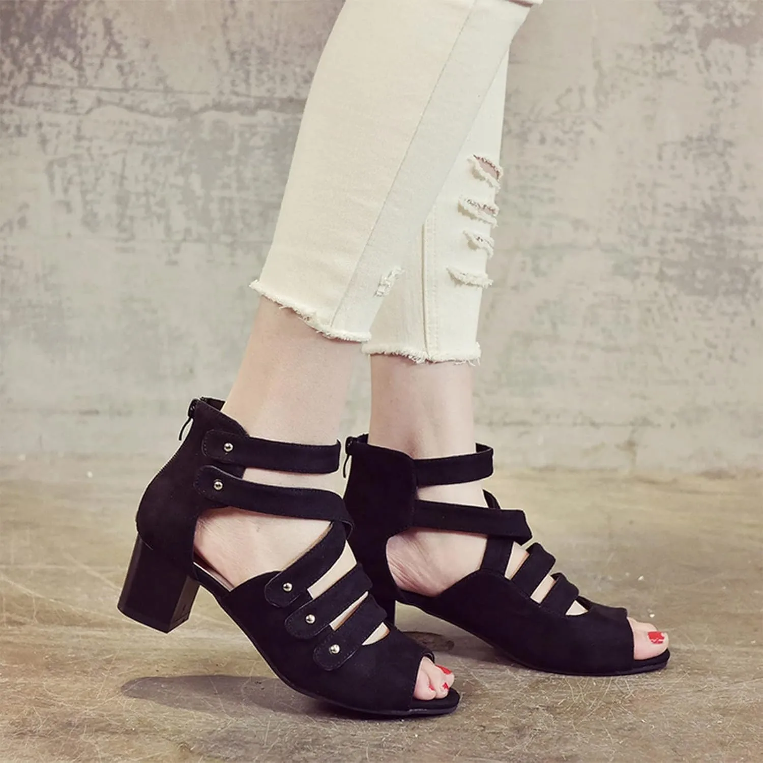Women's Summer Hollow Shoes High Heels Side Zip Bow Fish Mouth Casual Sandals