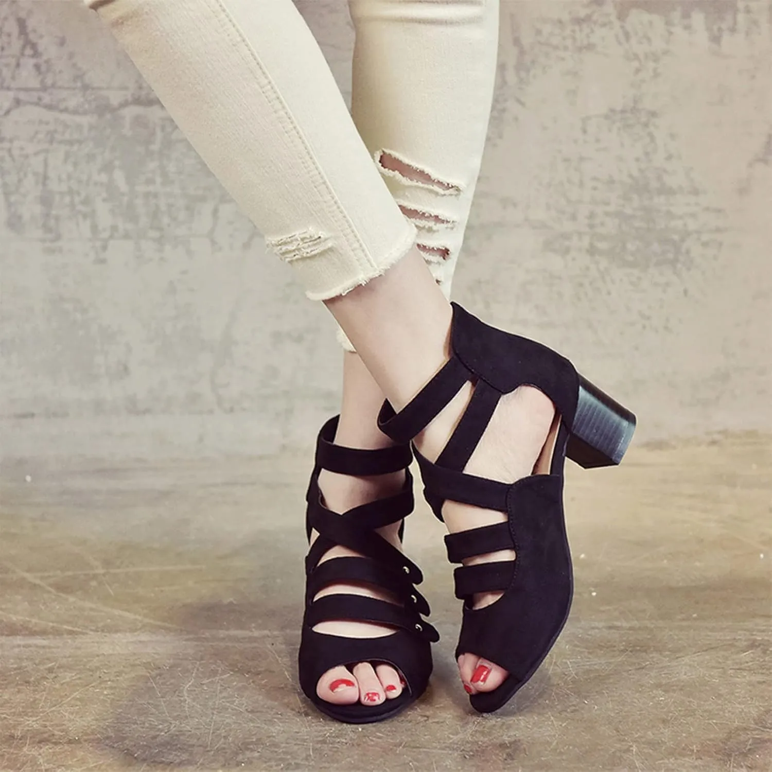 Women's Summer Hollow Shoes High Heels Side Zip Bow Fish Mouth Casual Sandals