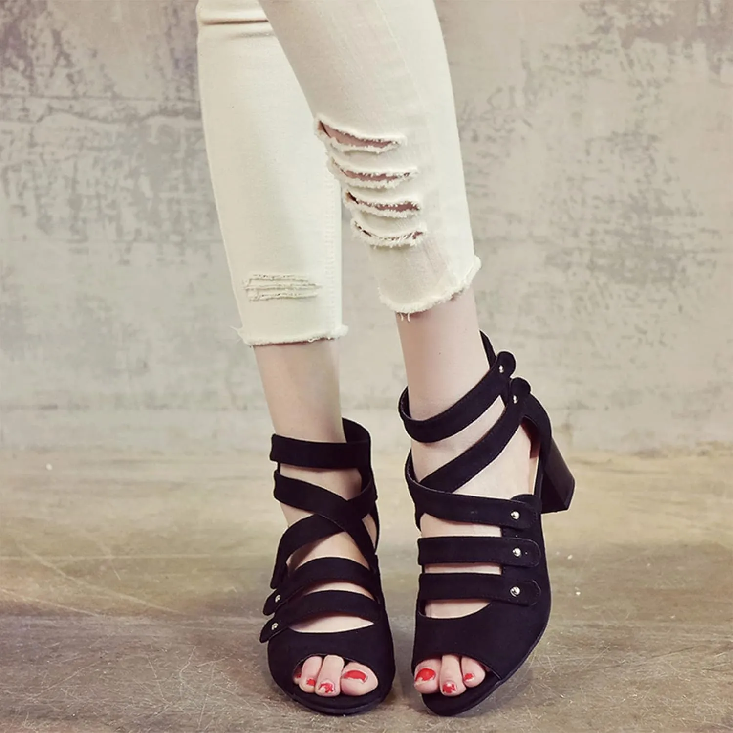 Women's Summer Hollow Shoes High Heels Side Zip Bow Fish Mouth Casual Sandals