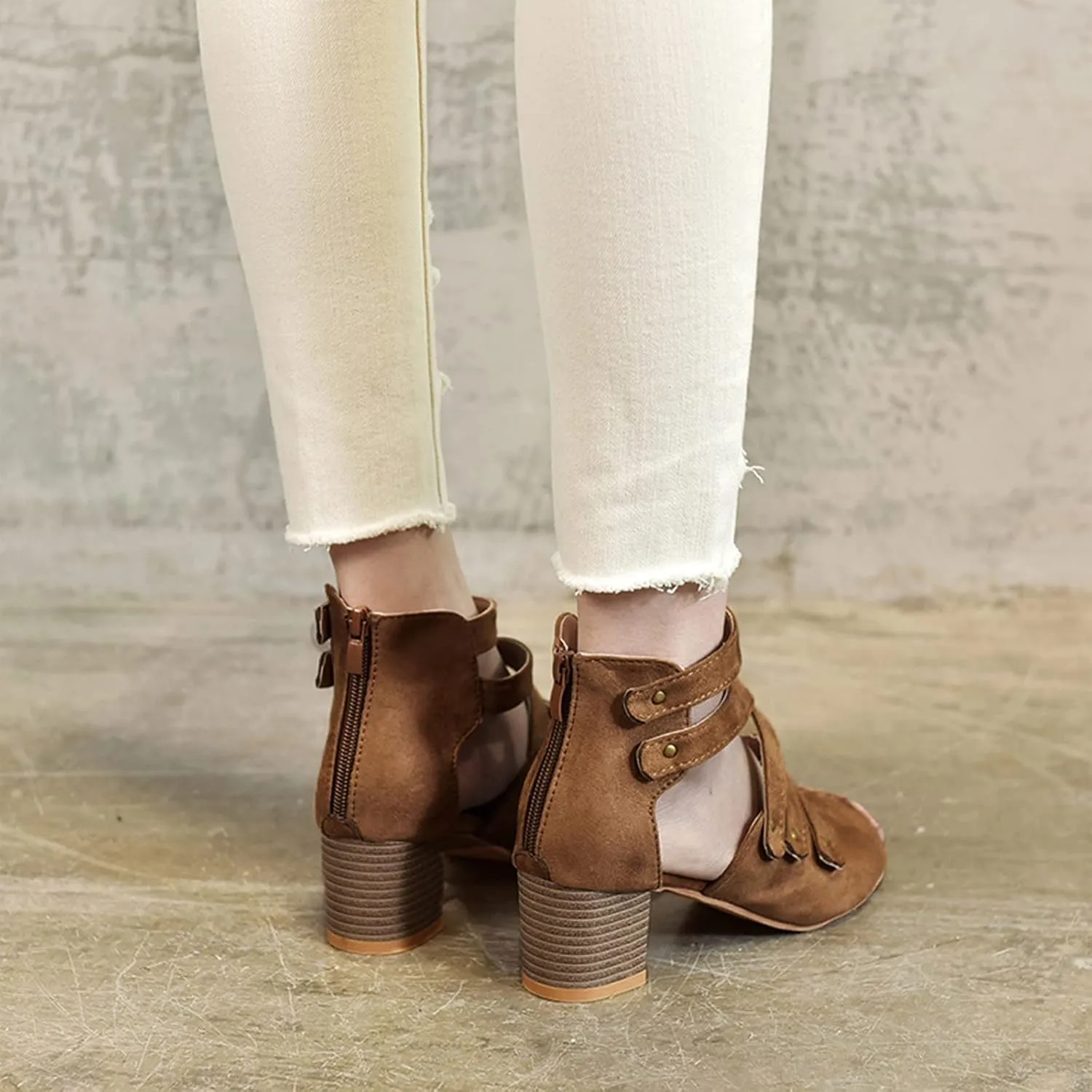 Women's Summer Hollow Shoes High Heels Side Zip Bow Fish Mouth Casual Sandals