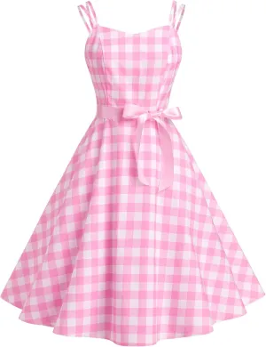 Women's Vintage Plaid Dress Spaghetti Strap Gingham A-line Swing Cocktail Party Dresses