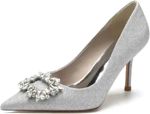 Women's Wedding High Heels Closed Toe Satin Rhinestone Kitten Heels,Pointed Toe Head Slip On Pumps High Heeled Prom Dress Shoes