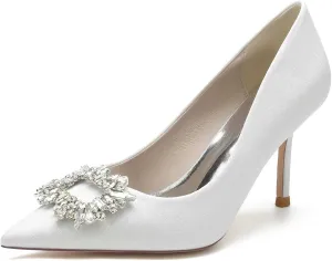 Women's Wedding High Heels Closed Toe Satin Rhinestone Kitten Heels,Pointed Toe Head Slip On Pumps High Heeled Prom Dress Shoes