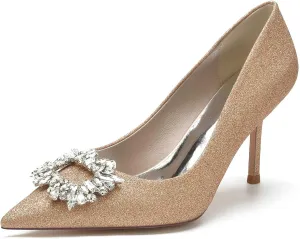 Women's Wedding High Heels Closed Toe Satin Rhinestone Kitten Heels,Pointed Toe Head Slip On Pumps High Heeled Prom Dress Shoes
