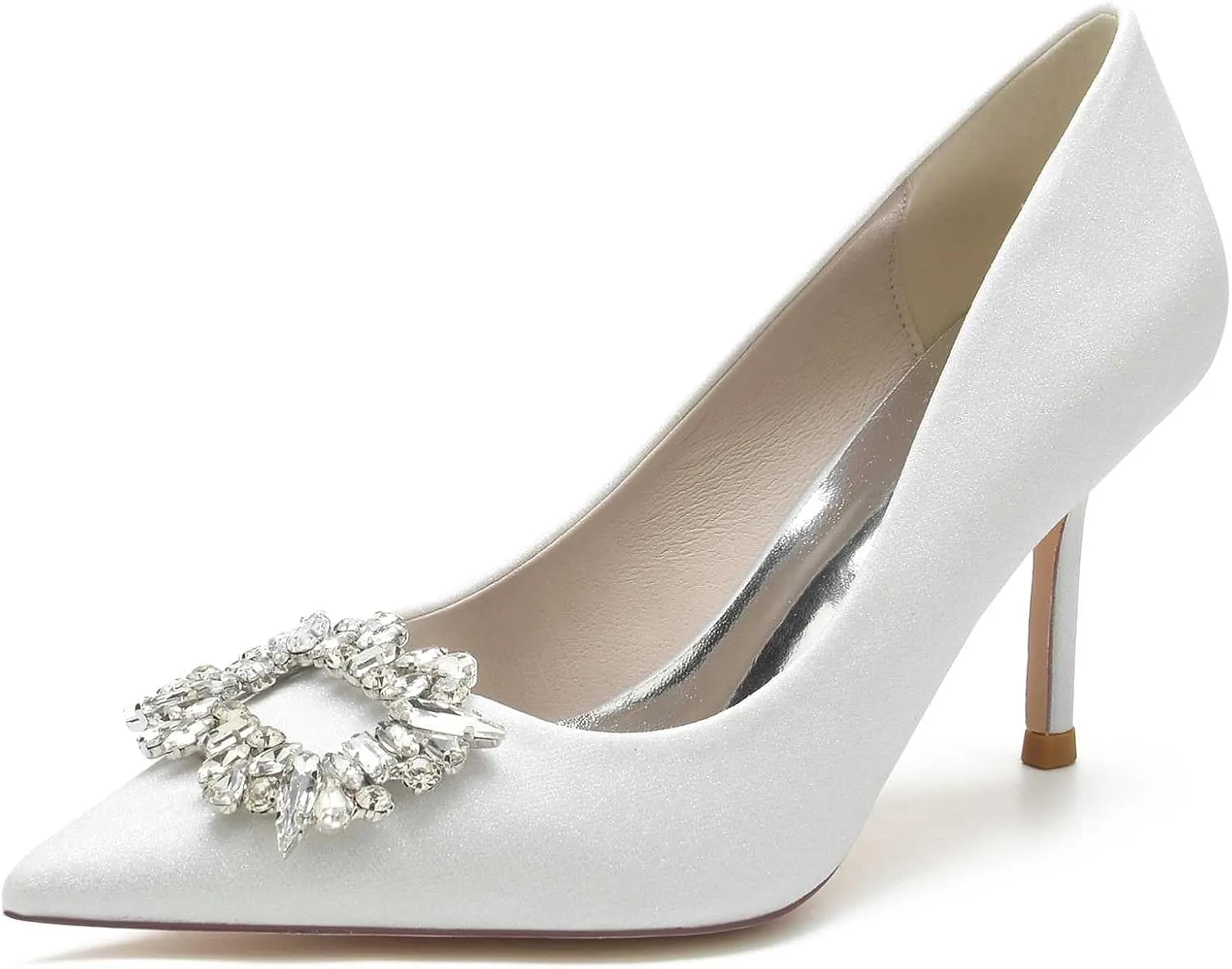 Women's Wedding High Heels Closed Toe Satin Rhinestone Kitten Heels,Pointed Toe Head Slip On Pumps High Heeled Prom Dress Shoes