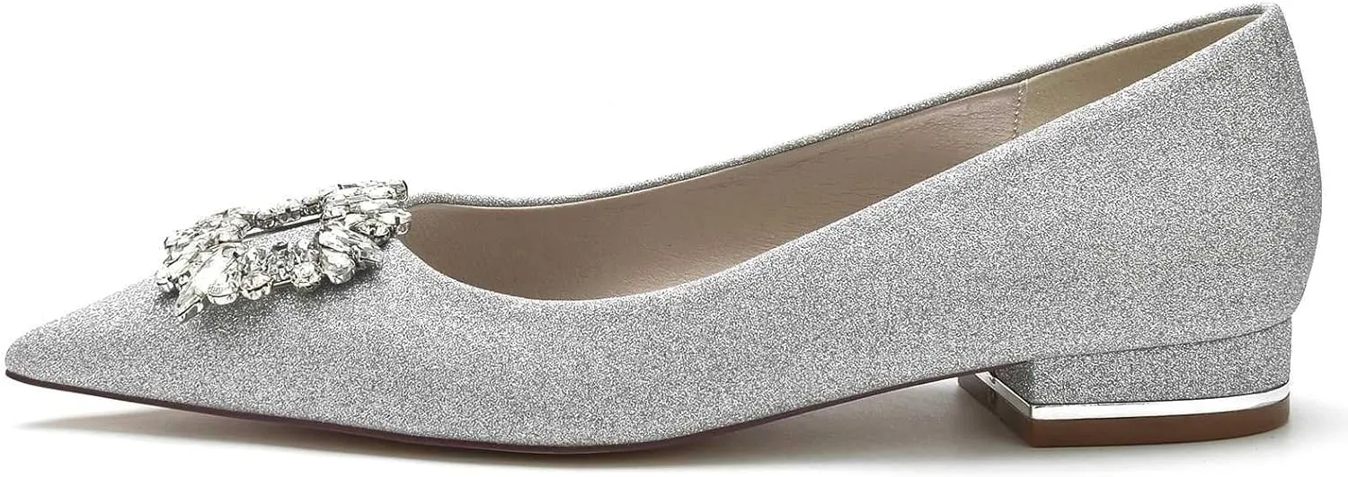 Womens Wedding Shoes Low Heel for Women - Slip On Chunky Heels Dress Shoes for Women 0.98 Inch Rhinestone Wedding Heels for Prom Party Bridal Pump Shoes Silver, 11(White,7)