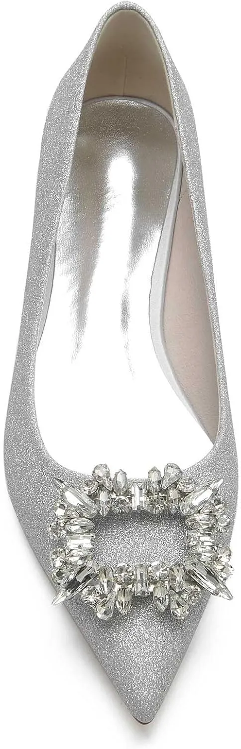 Womens Wedding Shoes Low Heel for Women - Slip On Chunky Heels Dress Shoes for Women 0.98 Inch Rhinestone Wedding Heels for Prom Party Bridal Pump Shoes Silver, 11(White,7)