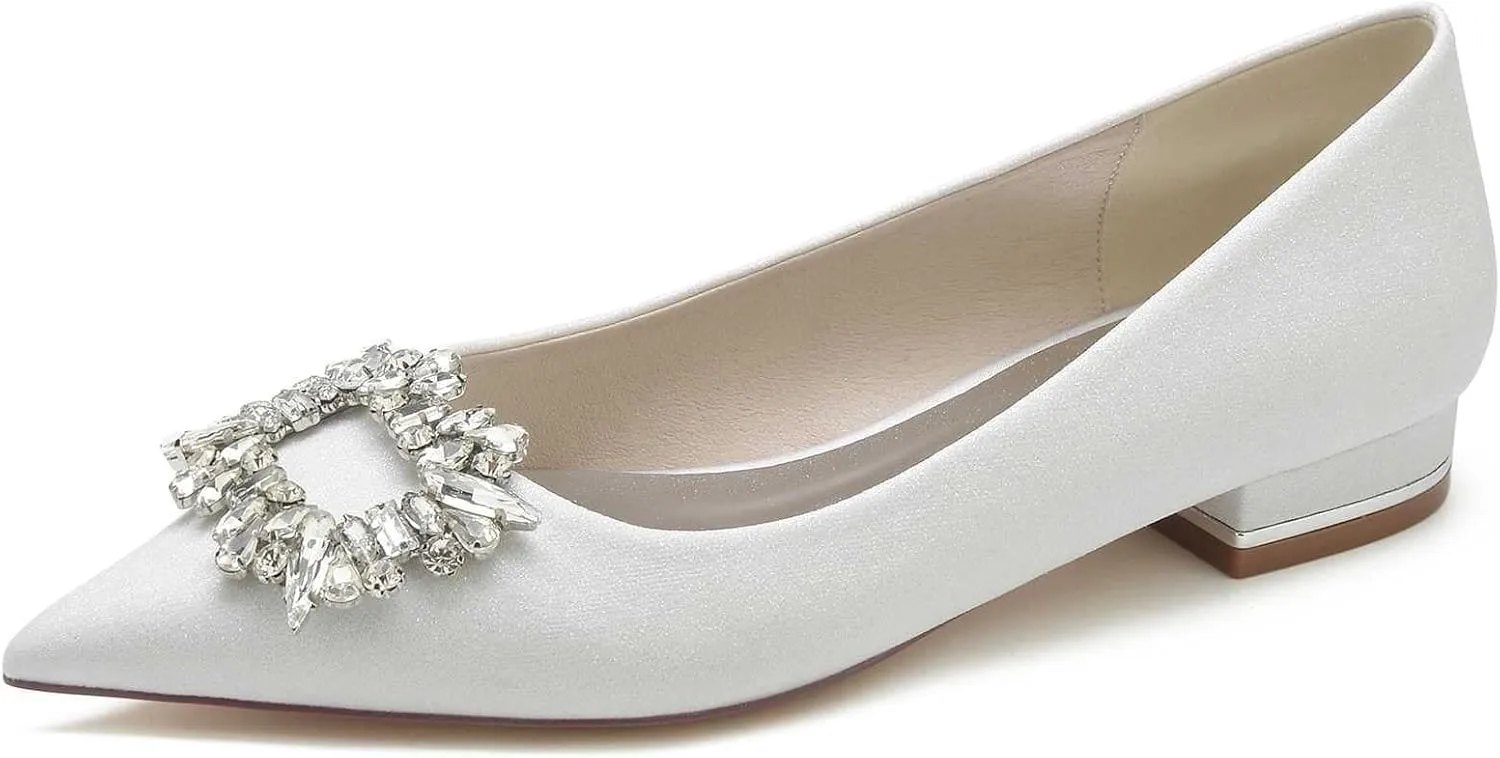 Womens Wedding Shoes Low Heel for Women - Slip On Chunky Heels Dress Shoes for Women 0.98 Inch Rhinestone Wedding Heels for Prom Party Bridal Pump Shoes Silver, 11(White,7)
