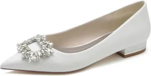 Womens Wedding Shoes Low Heel for Women - Slip On Chunky Heels Dress Shoes for Women 0.98 Inch Rhinestone Wedding Heels for Prom Party Bridal Pump Shoes Silver, 11(White,7)