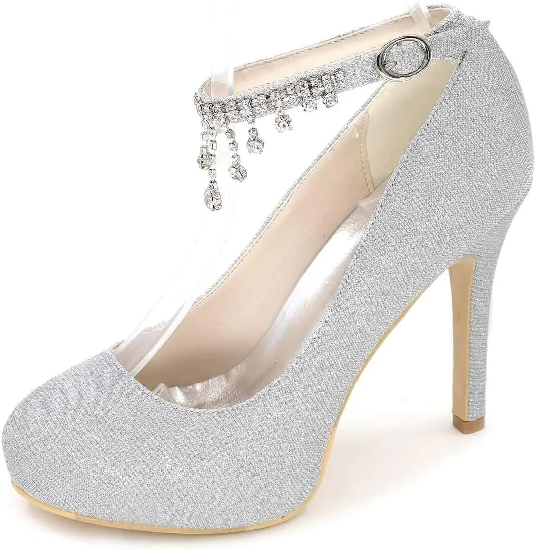 Womens Wedding Shoes Women's Rhinstone Kitten Heel for Women Dressy Closed Toe Buckle High Heels for Women Bridal Wedding Shoes for Bride On Evening Prom(Silver,7)