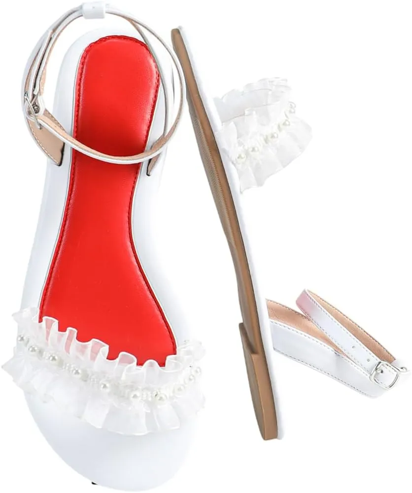 Women's White Tulle & Pearl High Heel Sandals – Romantic Ruffled Bridal Shoes with Red Insole, Elegant Ankle-Strap Heels for Weddings & Galas