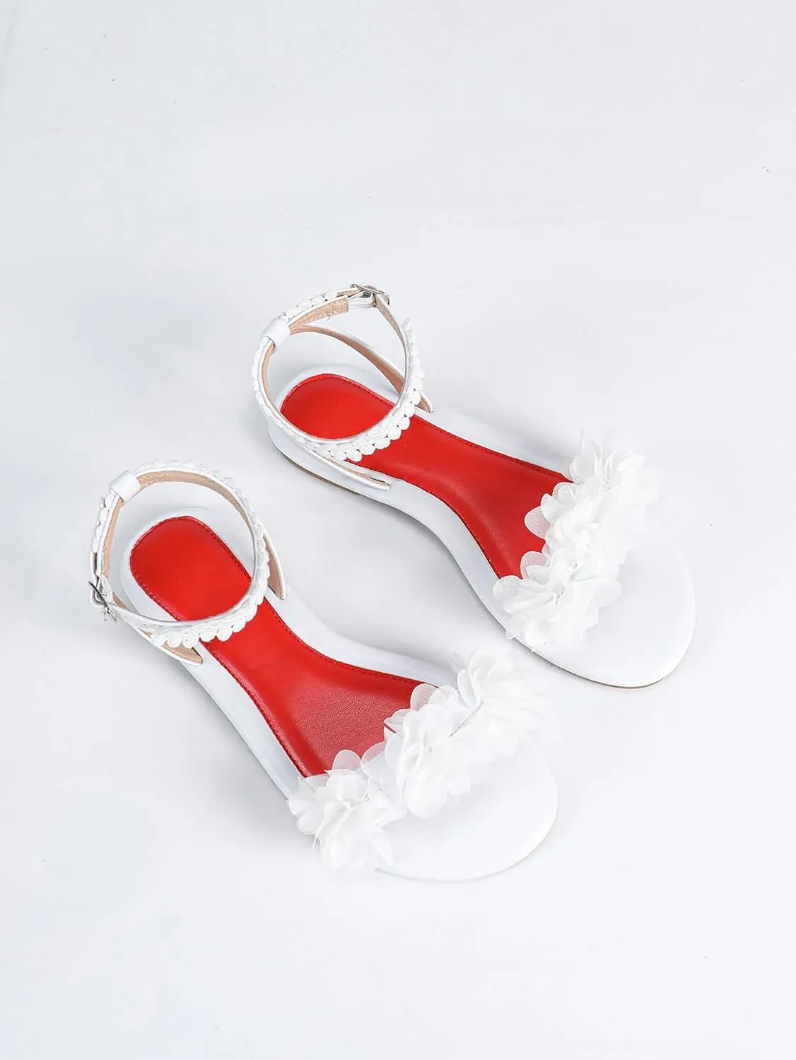 Women's White Tulle & Pearl High Heel Sandals – Romantic Ruffled Bridal Shoes with Red Insole, Elegant Ankle-Strap Heels for Weddings & Galas
