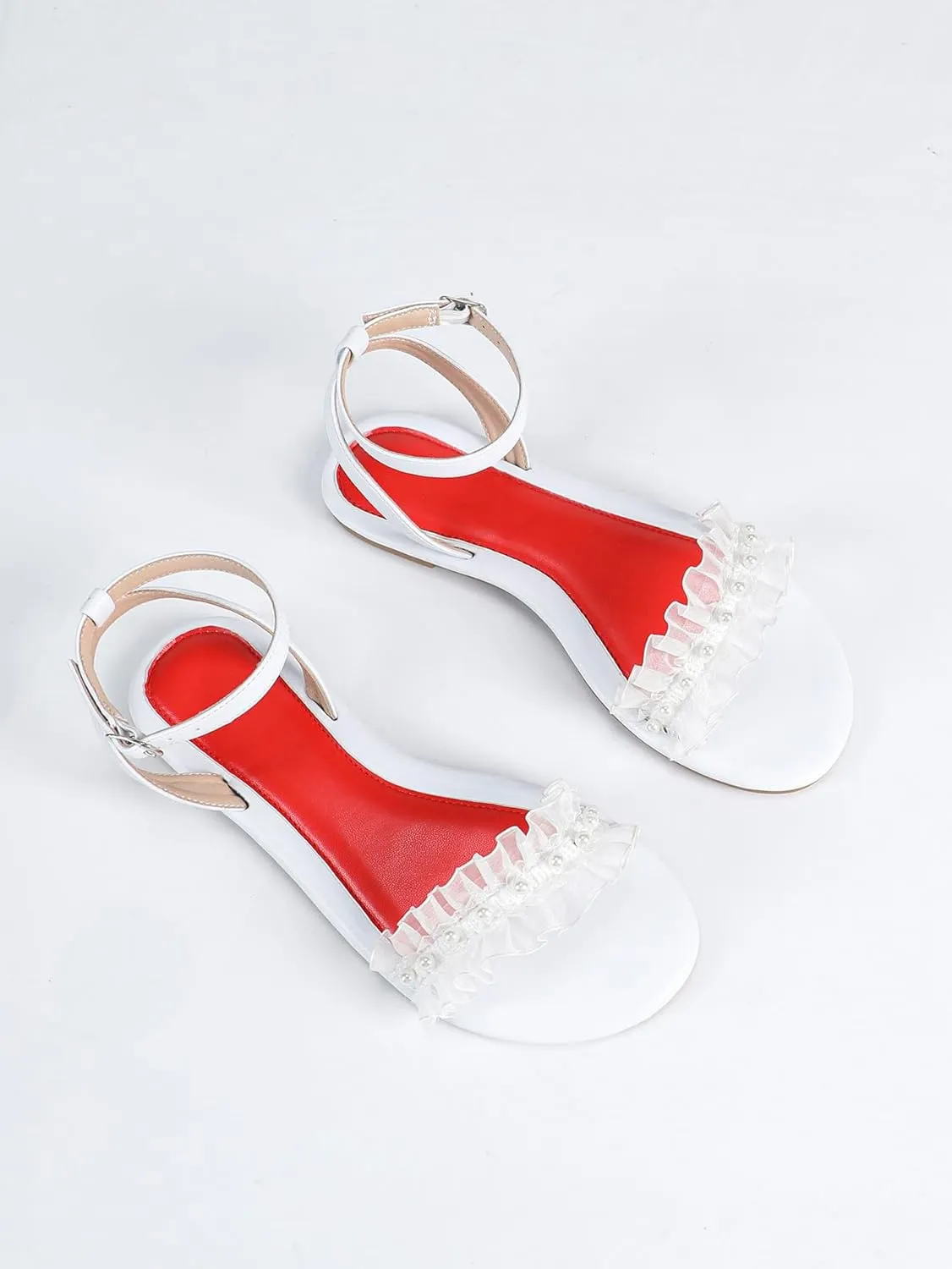 Women's White Tulle & Pearl High Heel Sandals – Romantic Ruffled Bridal Shoes with Red Insole, Elegant Ankle-Strap Heels for Weddings & Galas