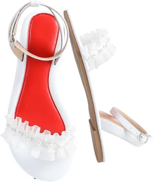 Women's White Tulle & Pearl High Heel Sandals – Romantic Ruffled Bridal Shoes with Red Insole, Elegant Ankle-Strap Heels for Weddings & Galas