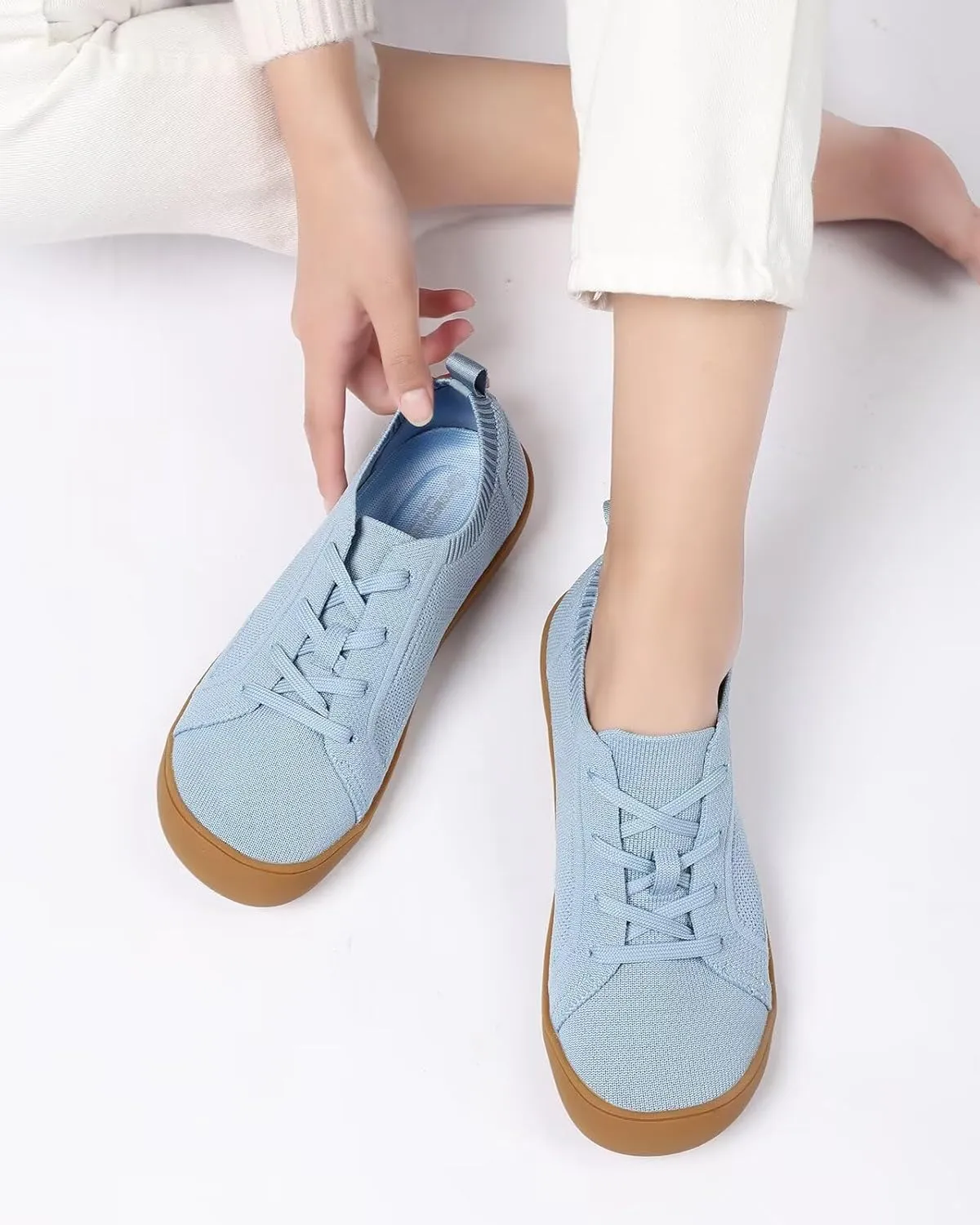 Women's Wide Toe Minimalist Barefoot Walking Shoes Comfort Low Top Knit Lace-up Sneakers Casual Outdoor Tennis Shoes