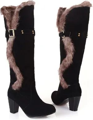 Women's Winter Warm Furry Knee High Snow Boots Tall Pull On High Heel Fur Lined Wide Calf Snow Boot