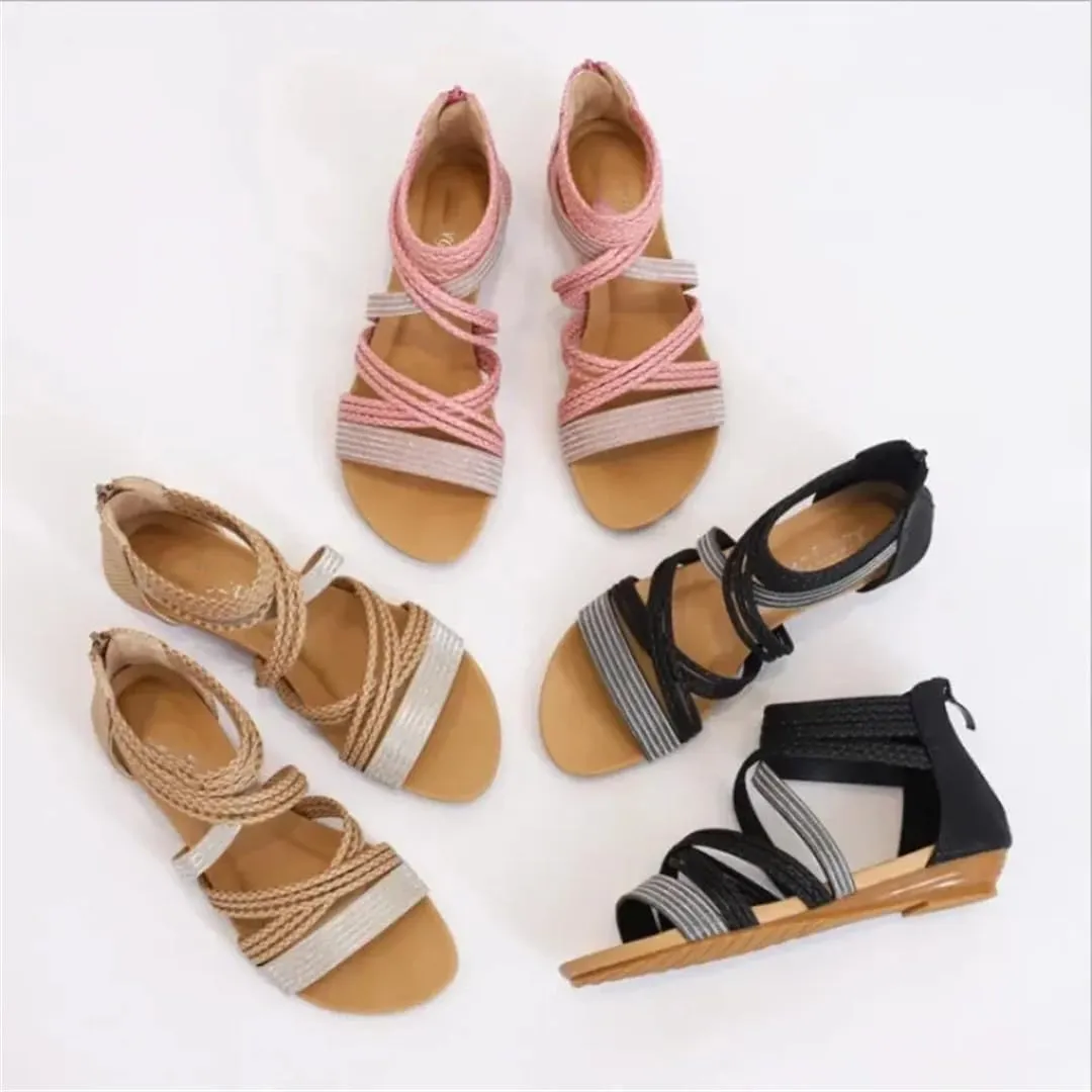 Womens Zip Back Strap Wedge Heel Open Side Vamp Gladiator Sandals PU Upper Bohemian Summer Sandals