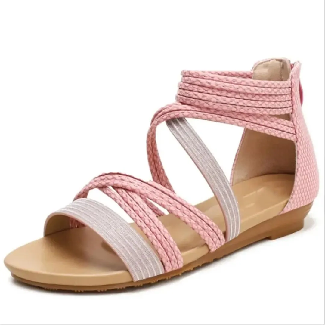 Womens Zip Back Strap Wedge Heel Open Side Vamp Gladiator Sandals PU Upper Bohemian Summer Sandals