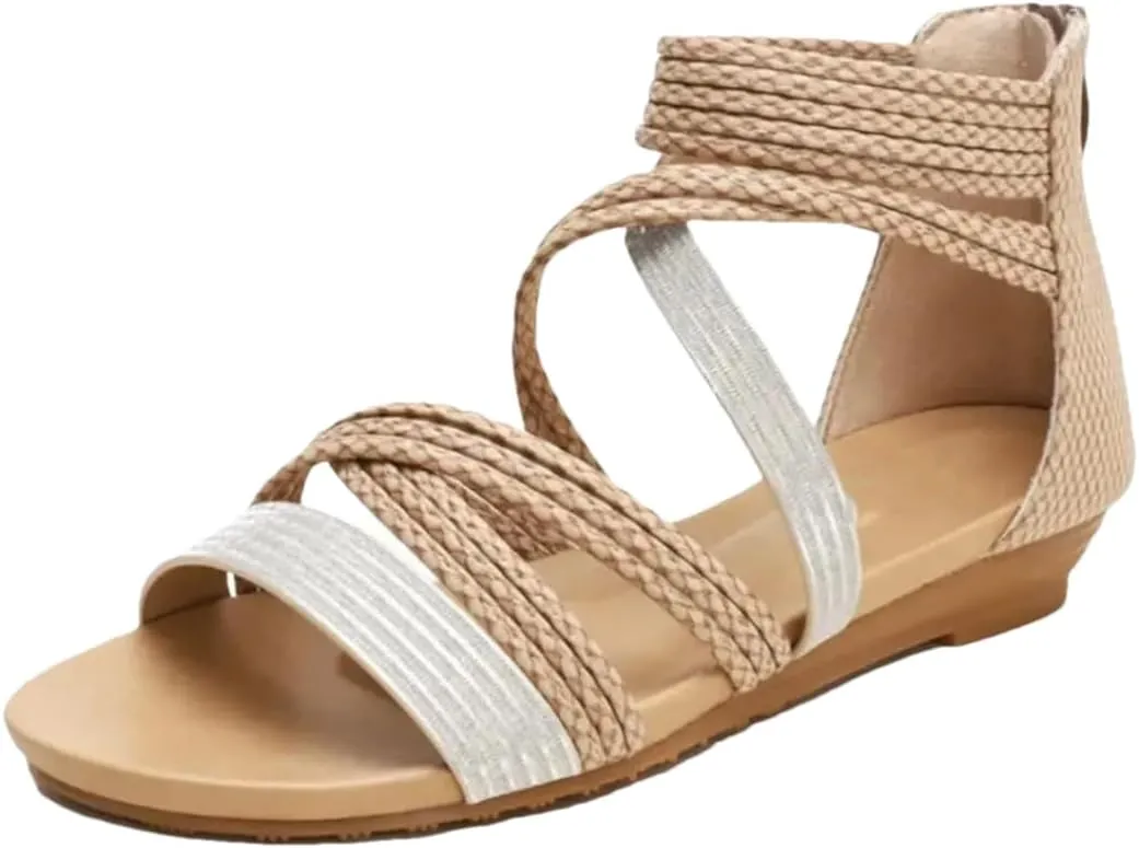 Womens Zip Back Strap Wedge Heel Open Side Vamp Gladiator Sandals PU Upper Bohemian Summer Sandals
