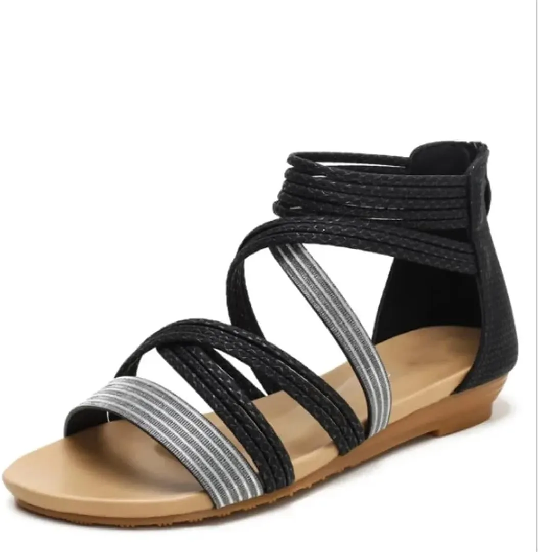 Womens Zip Back Strap Wedge Heel Open Side Vamp Gladiator Sandals PU Upper Bohemian Summer Sandals