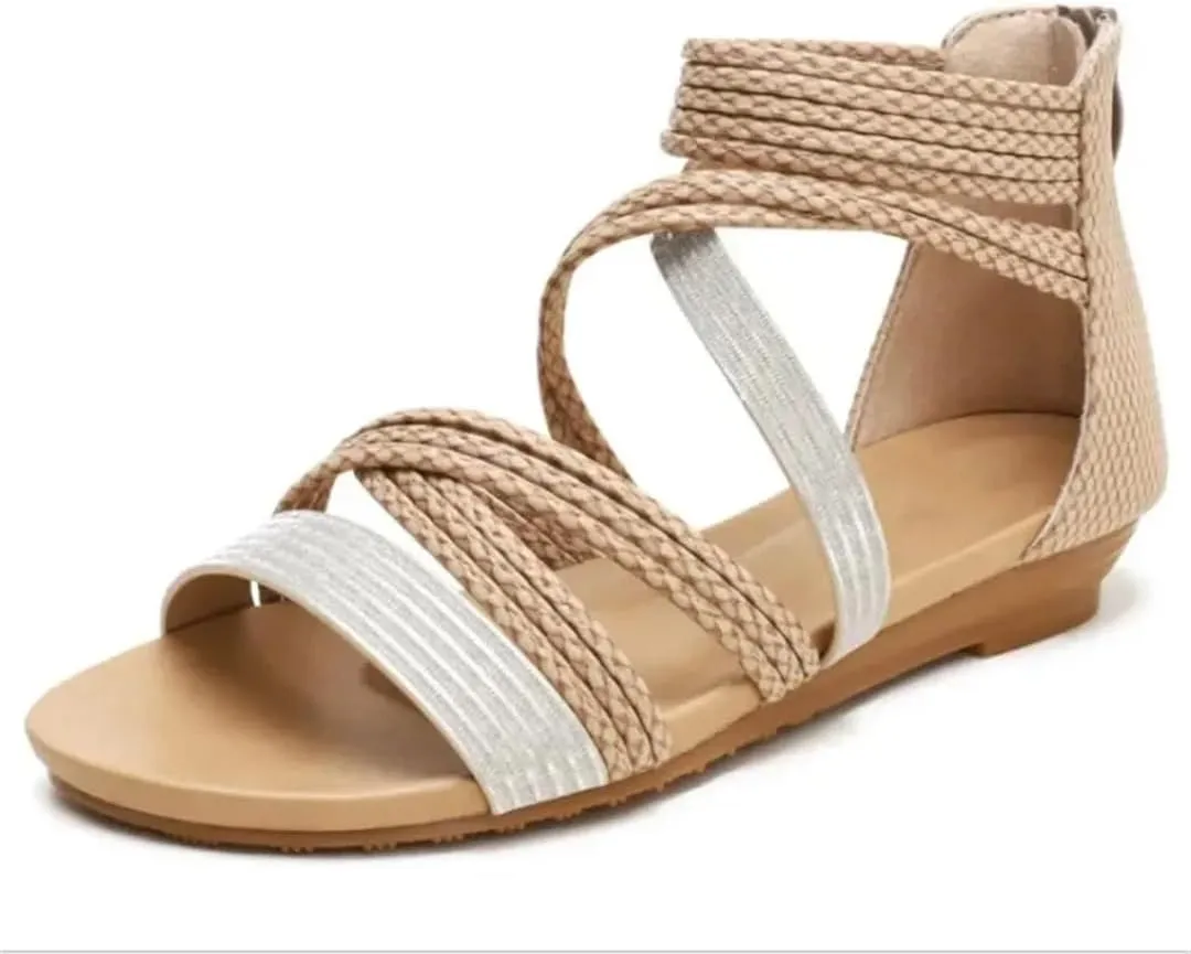 Womens Zip Back Strap Wedge Heel Open Side Vamp Gladiator Sandals PU Upper Bohemian Summer Sandals