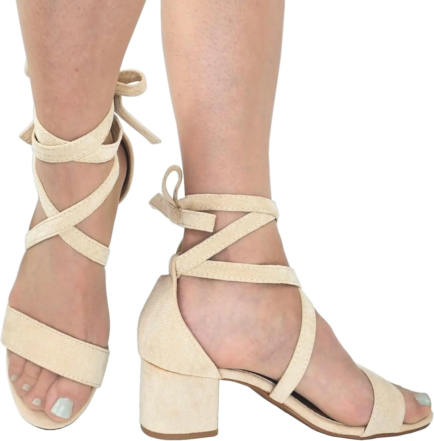 Wrap Around Comfort Low Block Heel Sandals Open Toe Strappy Tie Up