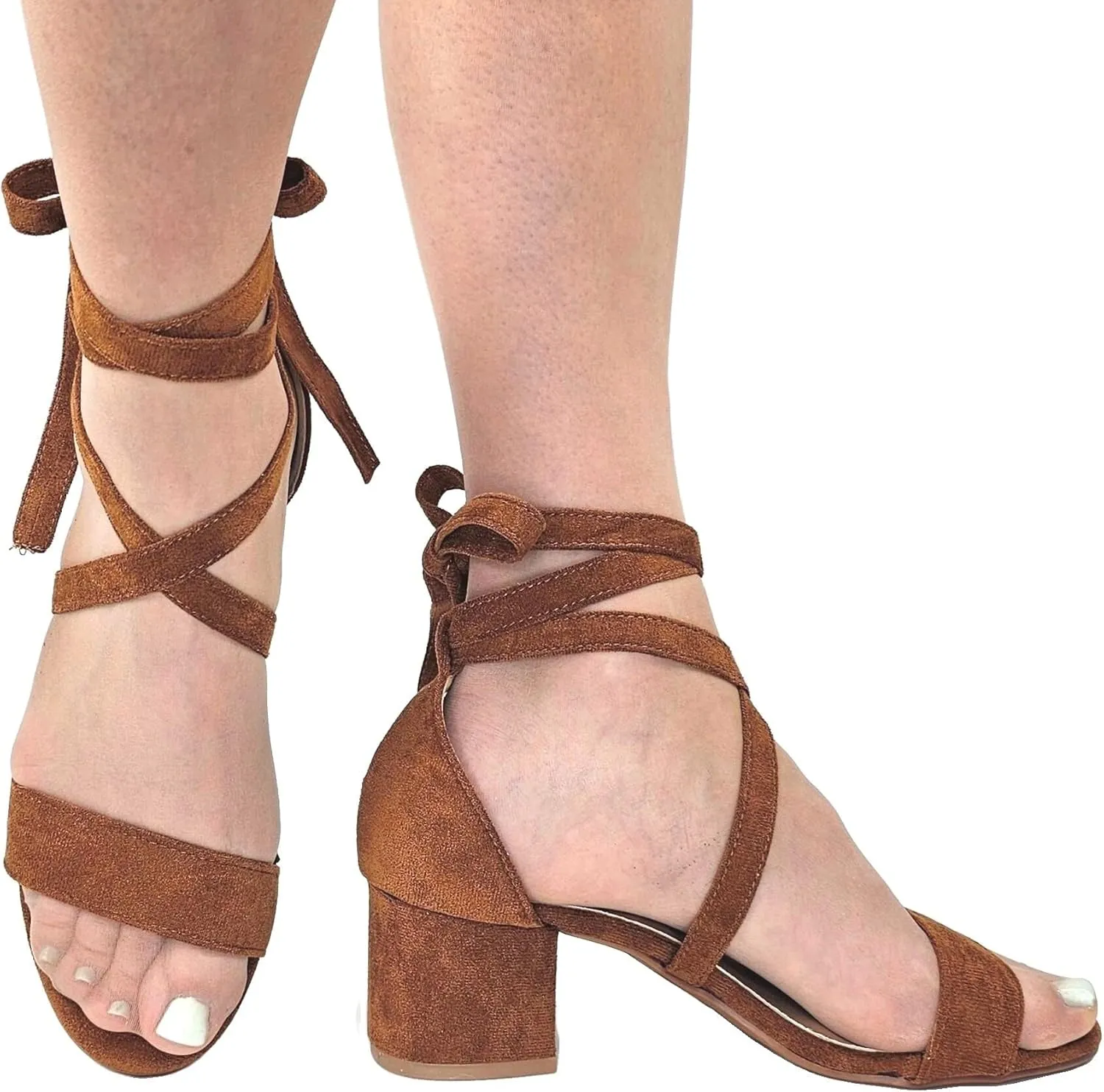 Wrap Around Comfort Low Block Heel Sandals Open Toe Strappy Tie Up