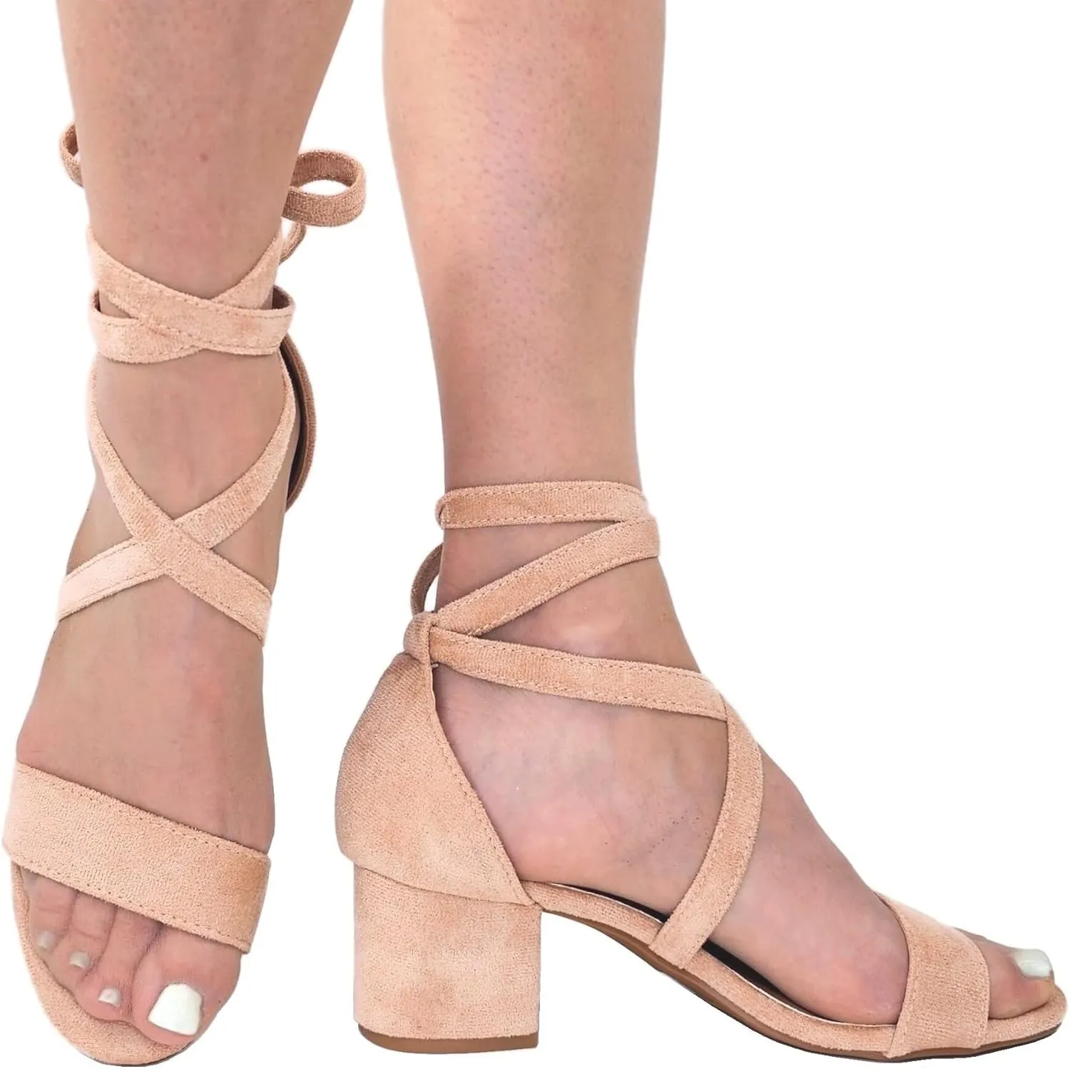 Wrap Around Comfort Low Block Heel Sandals Open Toe Strappy Tie Up