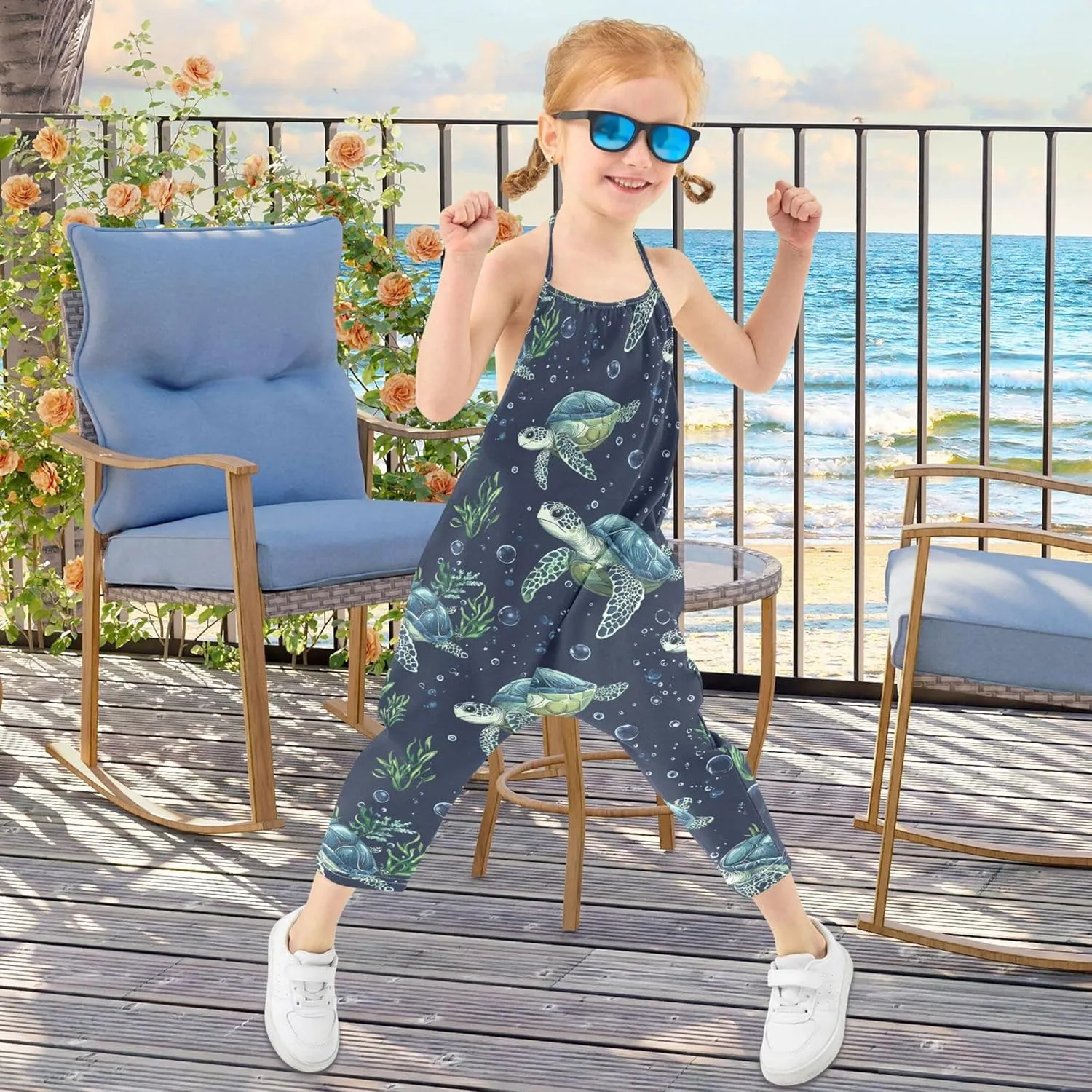 Wudan Cartoon Brazilian Turtle Navy Blue Toddler Girl Romper with Pockets Backless Jumpsuits Cotton Summer Romper Pants 1T