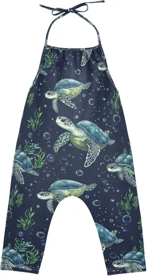 Wudan Cartoon Brazilian Turtle Navy Blue Toddler Girl Romper with Pockets Backless Jumpsuits Cotton Summer Romper Pants 1T