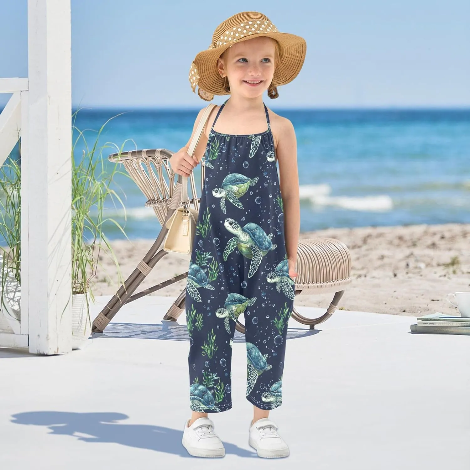 Wudan Cartoon Brazilian Turtle Navy Blue Toddler Girl Romper with Pockets Backless Jumpsuits Cotton Summer Romper Pants 1T