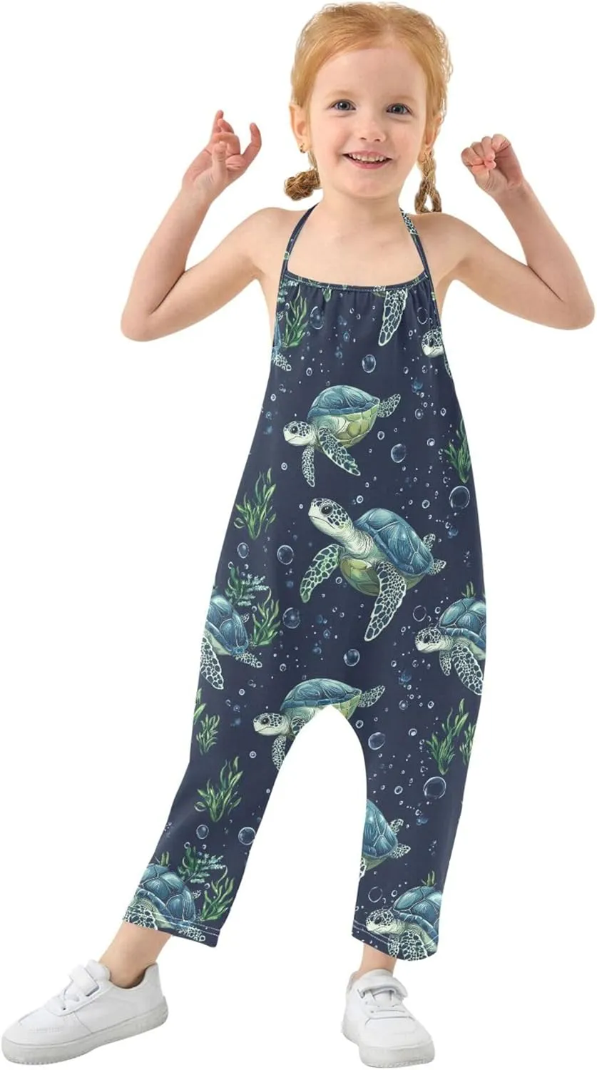 Wudan Cartoon Brazilian Turtle Navy Blue Toddler Girl Romper with Pockets Backless Jumpsuits Cotton Summer Romper Pants 1T