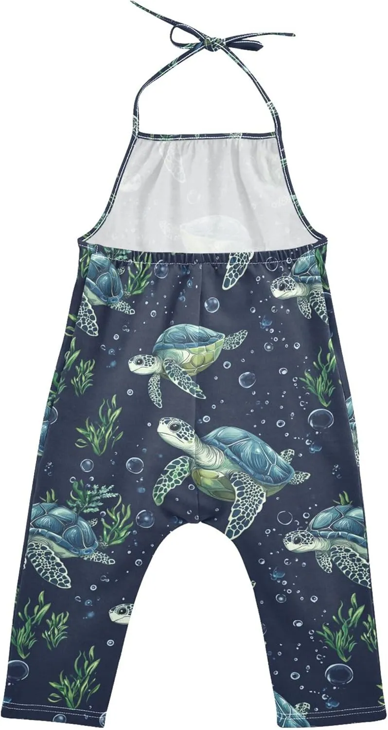 Wudan Cartoon Brazilian Turtle Navy Blue Toddler Girl Romper with Pockets Backless Jumpsuits Cotton Summer Romper Pants 1T