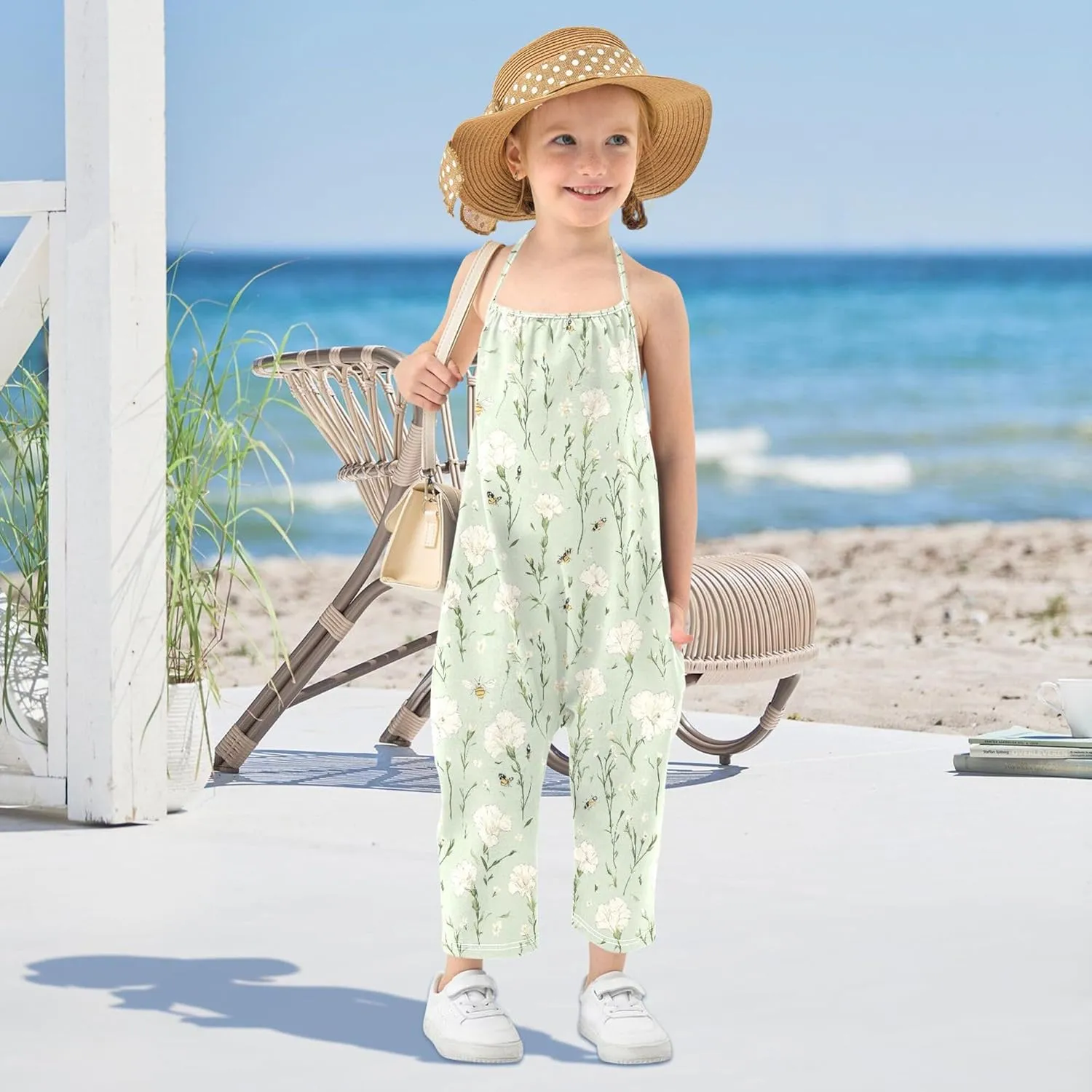 Wudan Cartoon Dianthus Sage Green Toddler Romper with Pockets Sleevesless Jumpsuits Cotton Hawaiian Pants Outfits 1T
