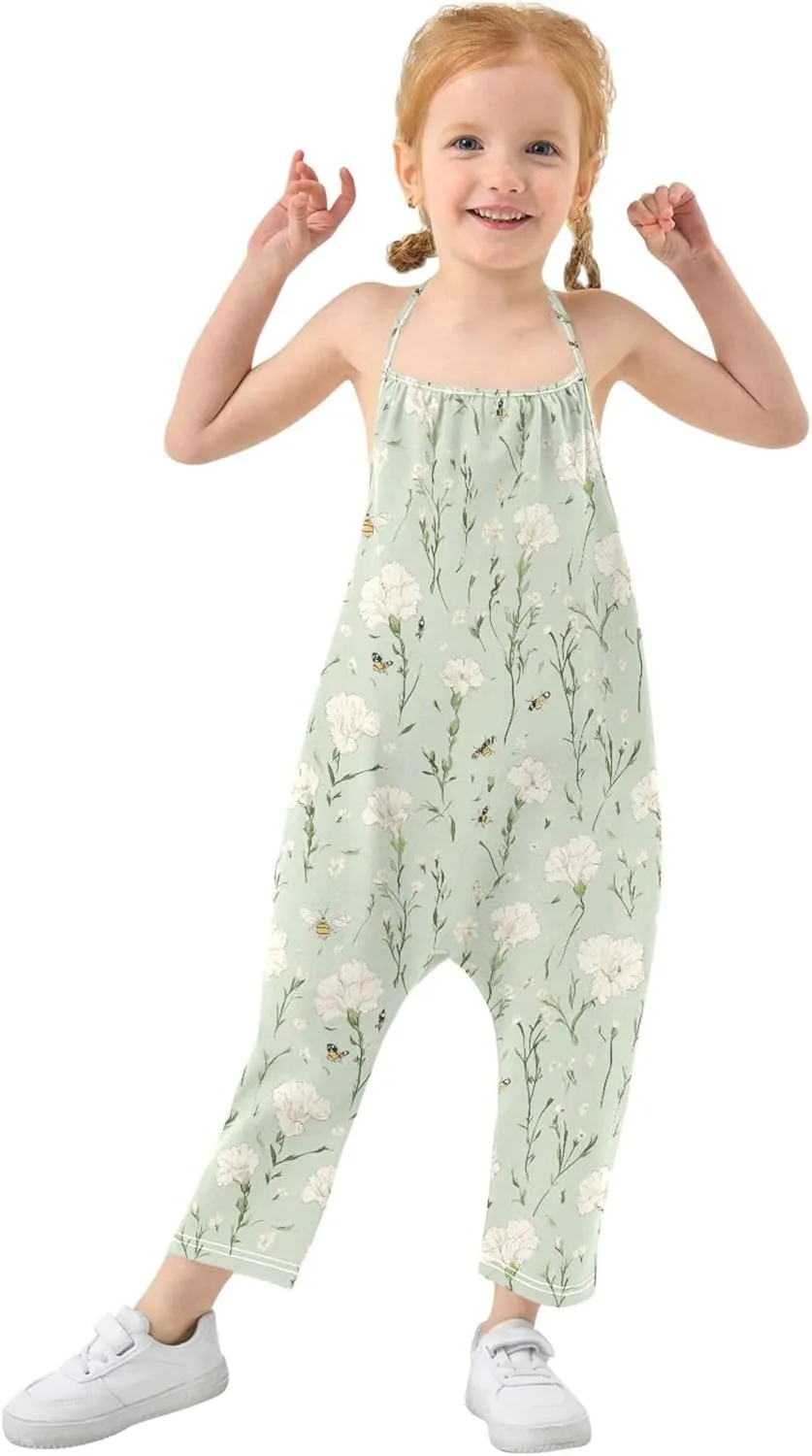 Wudan Cartoon Dianthus Sage Green Toddler Romper with Pockets Sleevesless Jumpsuits Cotton Hawaiian Pants Outfits 1T