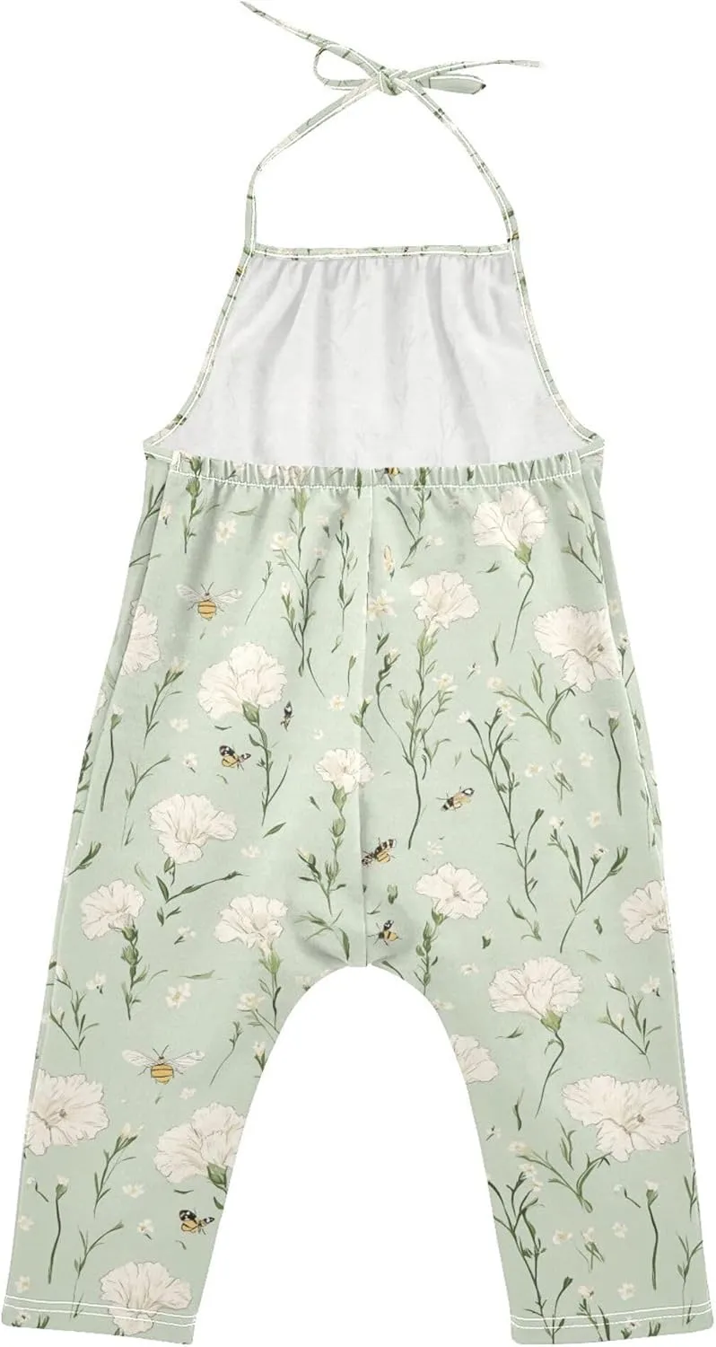 Wudan Cartoon Dianthus Sage Green Toddler Romper with Pockets Sleevesless Jumpsuits Cotton Hawaiian Pants Outfits 1T