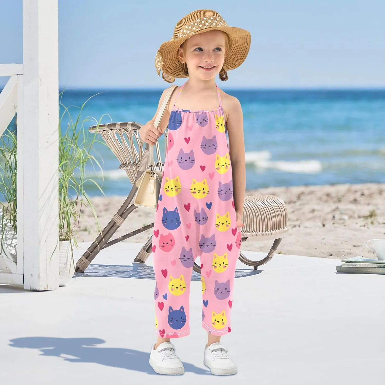 Wudan Cartoon Hearts Cat Pink Toddler Girl Romper with Pockets Sleevesless Jumpsuits Cotton Outfits Summer 1T