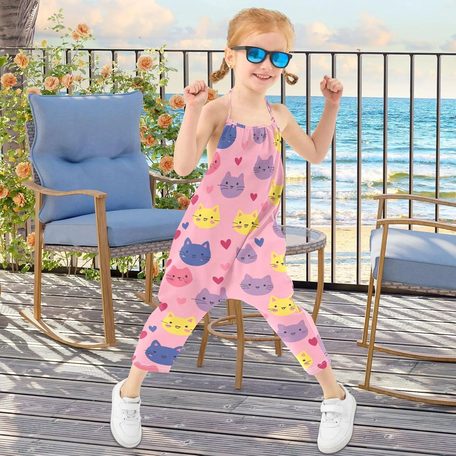 Wudan Cartoon Hearts Cat Pink Toddler Girl Romper with Pockets Sleevesless Jumpsuits Cotton Outfits Summer 1T